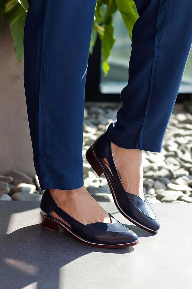 Cut Out Pointed Toe Slip On Casual Navy Flats