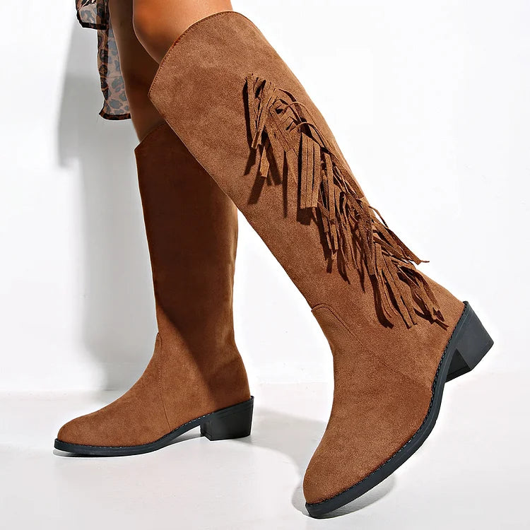 Fringe Patchwork Solid Color Pointed Toe Chunky Heel Knee High Boots