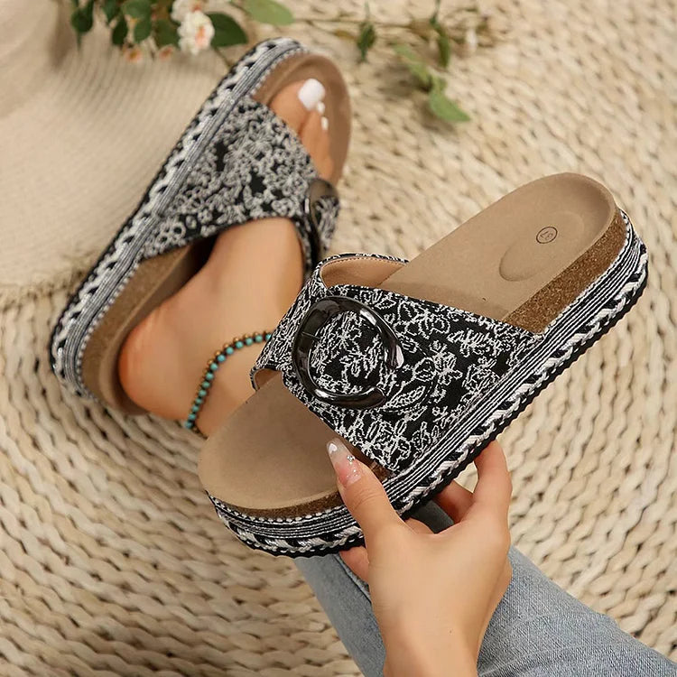 Allover Print Metal Buckle Decor Round Toe Casual Platform Slippers