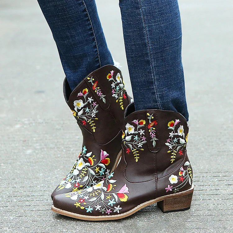 Floral Embroidery Pointed Toe Patchwork Chunky Heel Cowgirl Boots