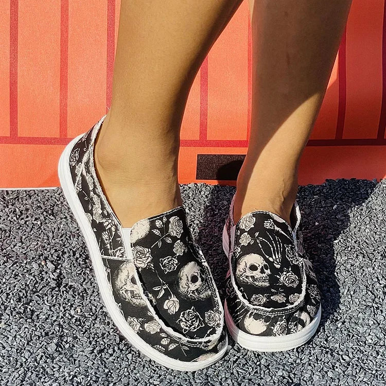 Halloween Dark Floral Skull Print Round Toe Slip On Loafers