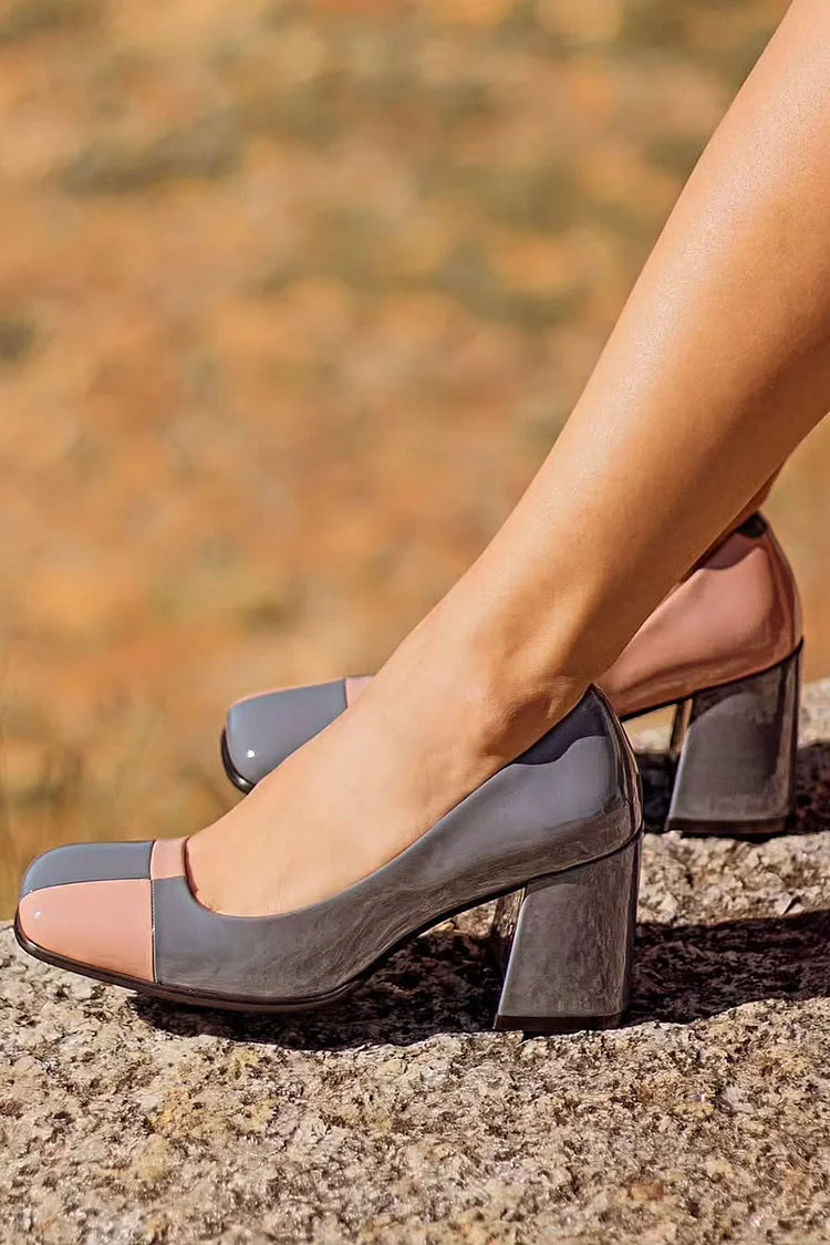 Scarpe con tacco grosso slip-on grigie con punta quadrata colorblock [Pre-ordine]