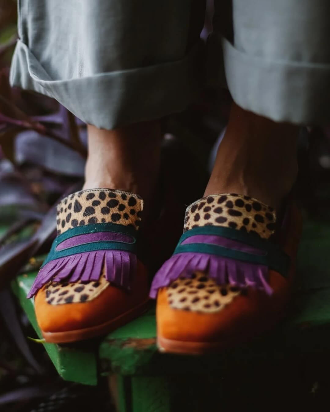 Colorblock Fringe Square Toe Leopard Print Brown Loafers