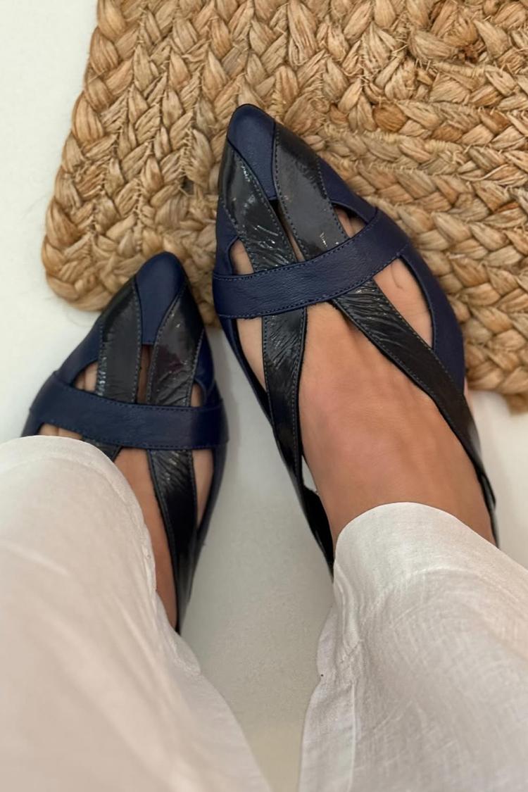 Patchwork Ausschnitt Spitz Zehen Slingback Navy Ballerinas