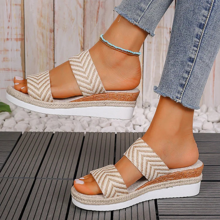 Woven Pattern Double Instep Belt Platform Wedge Espadrille Slippers