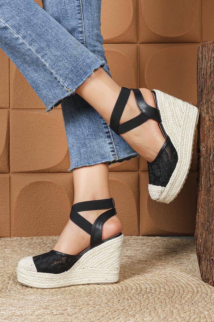 Sandali casual con zeppa, punta rotonda, cinturino incrociato e patchwork in pizzo 