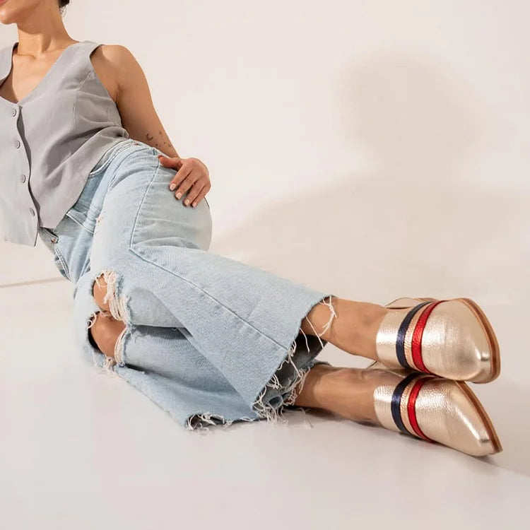 Mokasyny w kolorowe paski z metalicznym połyskiem, złote, z noskiem w szpic [Przedsprzedaż]