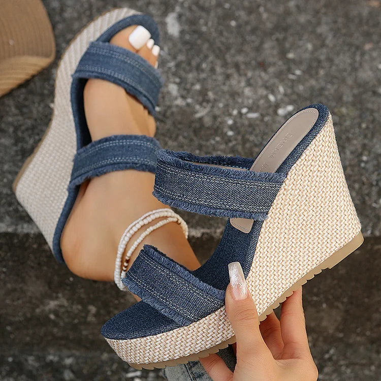 Tassels Trim Peep Toe Denim Platform Wedge Slippers