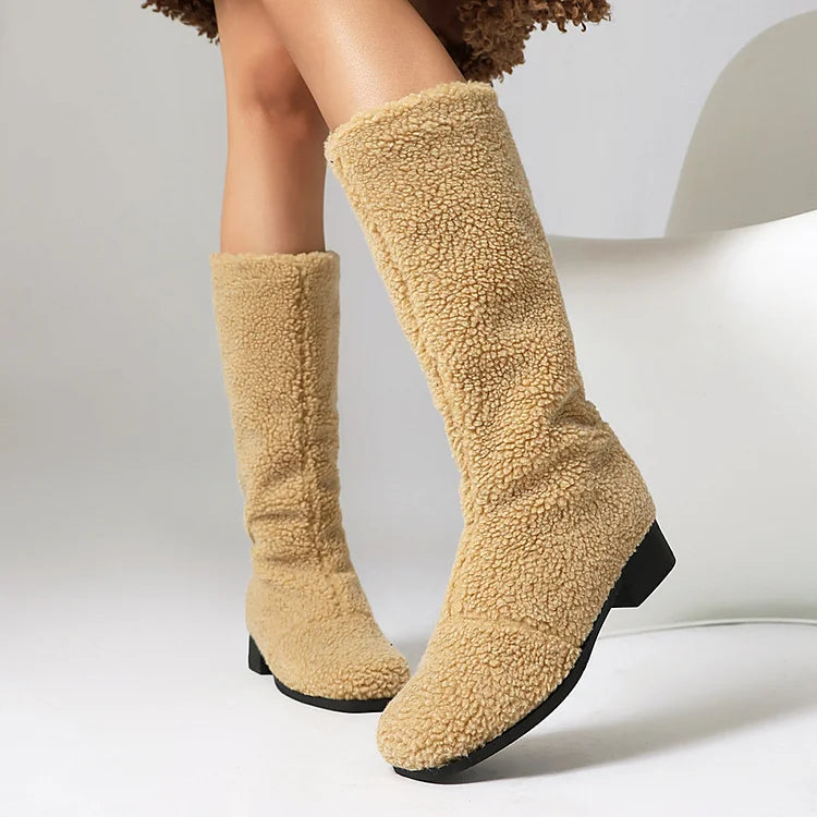 Solid Color Faux Fur Square Toe Chunky Heel Pull On Mid Calf Boots