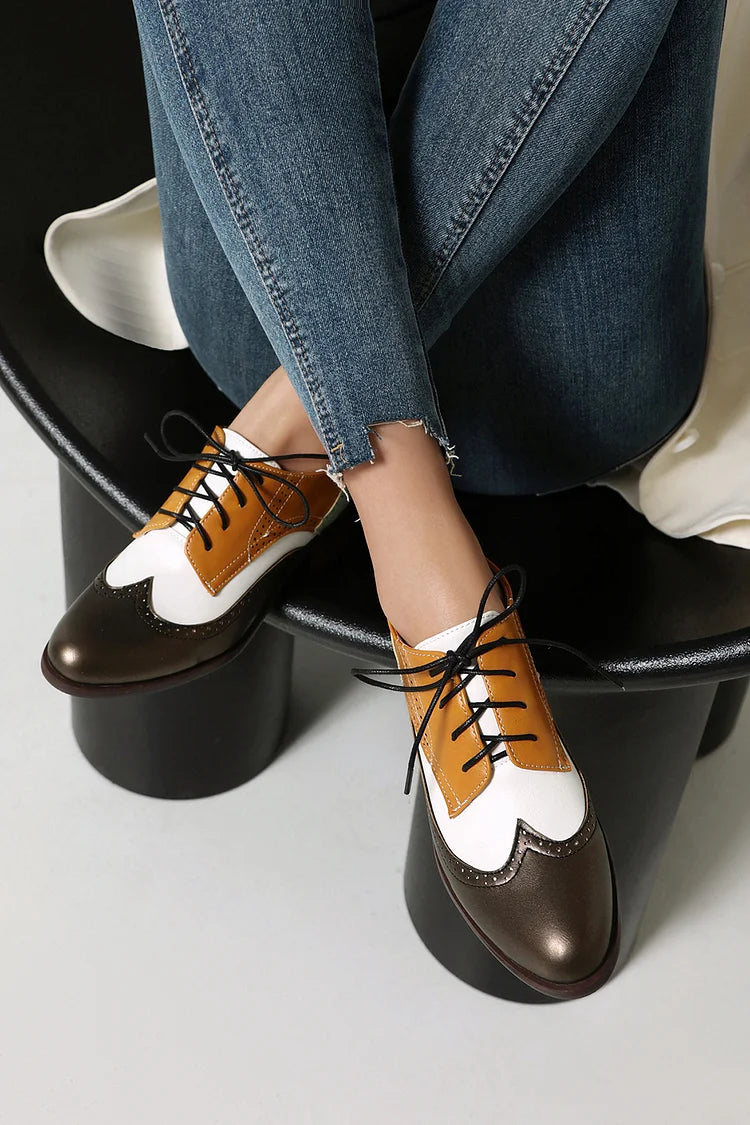 Colorblock Patchwork Round Toe Low Block Heel Lace Up Brogue Oxfords