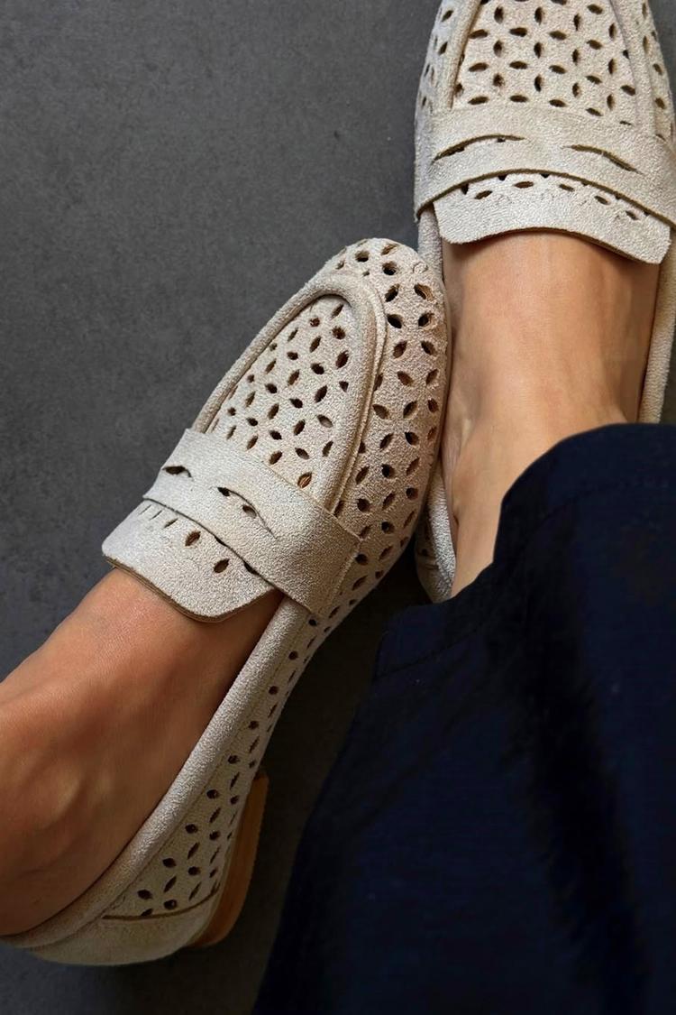 Ausgehöhlt Einfarbig Runde Spitze Freizeit Beige Loafers [Vorbestellung]