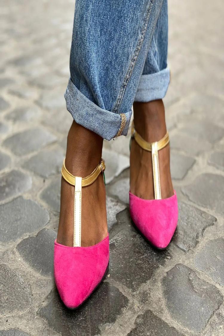 Color Block Ankle Strap Pointed Toe Chunky Heels