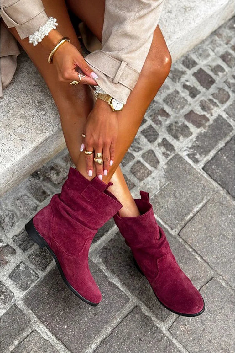 Solid Color Patchwork Round Toe Slouch Burgundy Ankle Boots