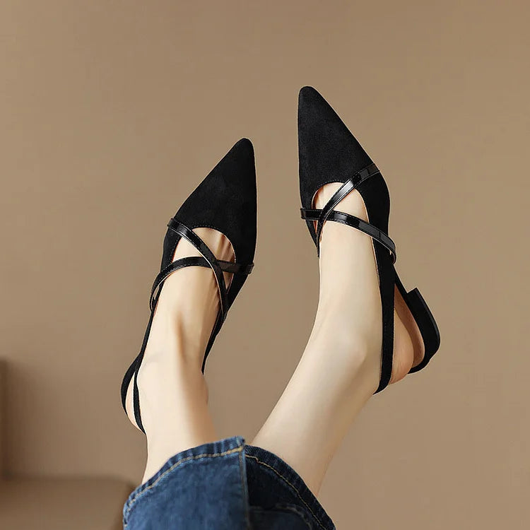 Faux Suede Pointy Toe Cross Strap Slingback Casual Flats