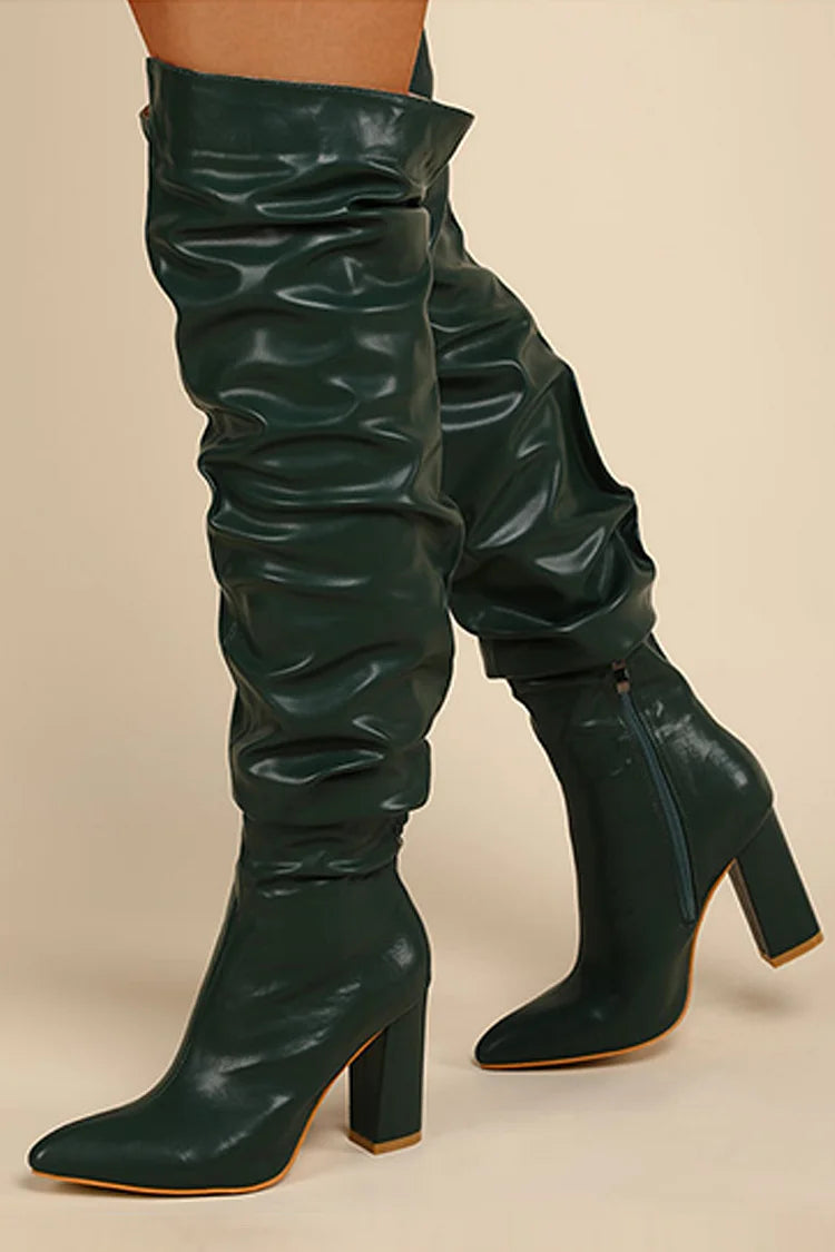 Pointed Toe Chunky Heel Zipper Solid Plain Over The Knee Boots