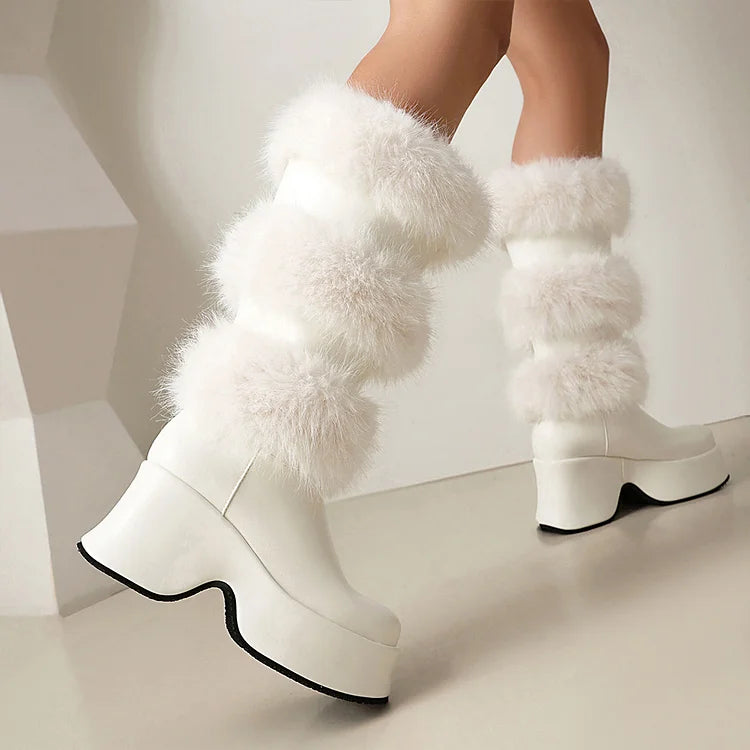 Solid Color Fluffy Trim Round Toe Chunky Heel Platform Mid Calf Boots