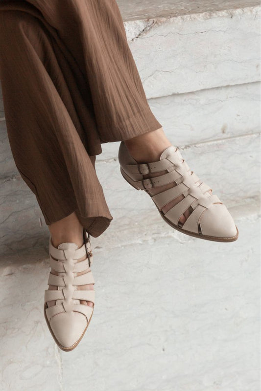 Beige Pointed Toe Strappy Cut-Out Double Buckle Flats [Pre Order]