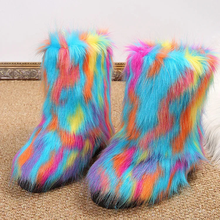 Multicolor Faux Fur Round Toe Low Platform Pull On Snow Boots