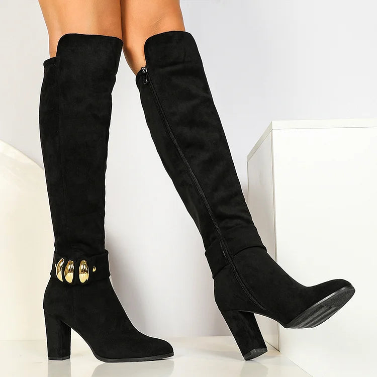 Irregular Metal Decor Pointed Toe Chunky Heel Zipper Knee High Boots