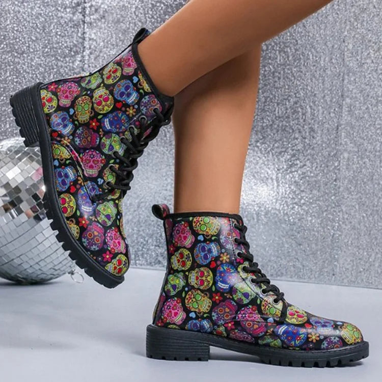 Halloween Colourful Graffiti Skull Print Lace Up Ankle Boots