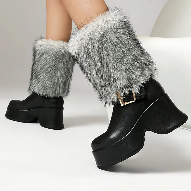 Strap Buckle Decor Faux Fur Round Toe Chunky Heel Platform Mid Boots