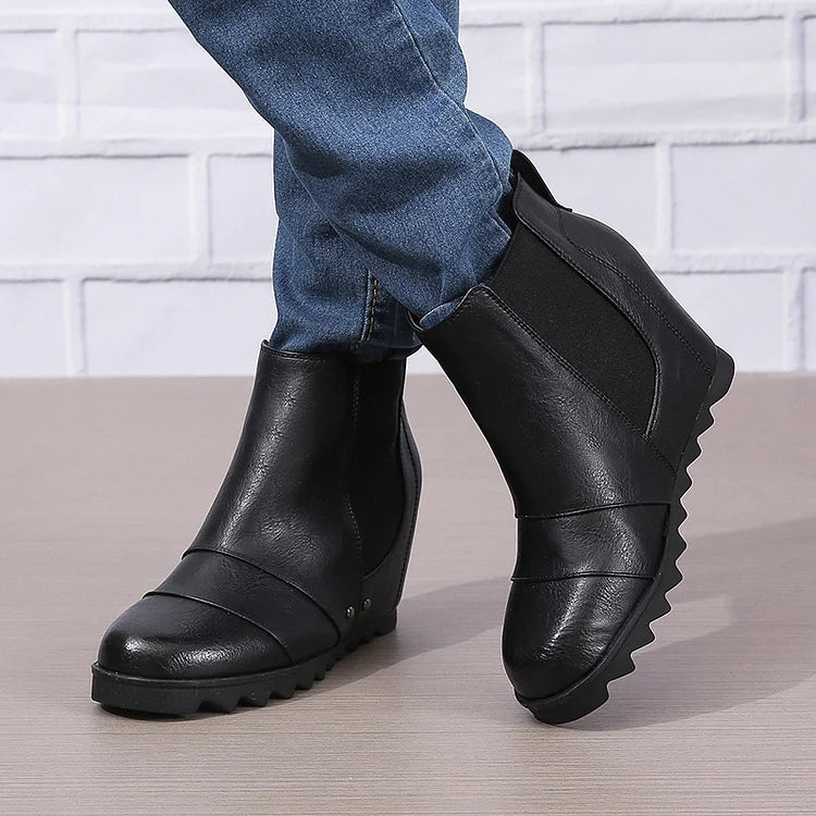 Patchwork Metal Rivet Round Toe Wedge Heel Ankle Boots