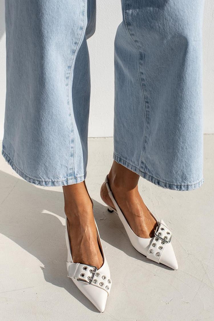 Pointed Toe Strap Buckle Decor Slingback White Kitten Heels [Pre Order]
