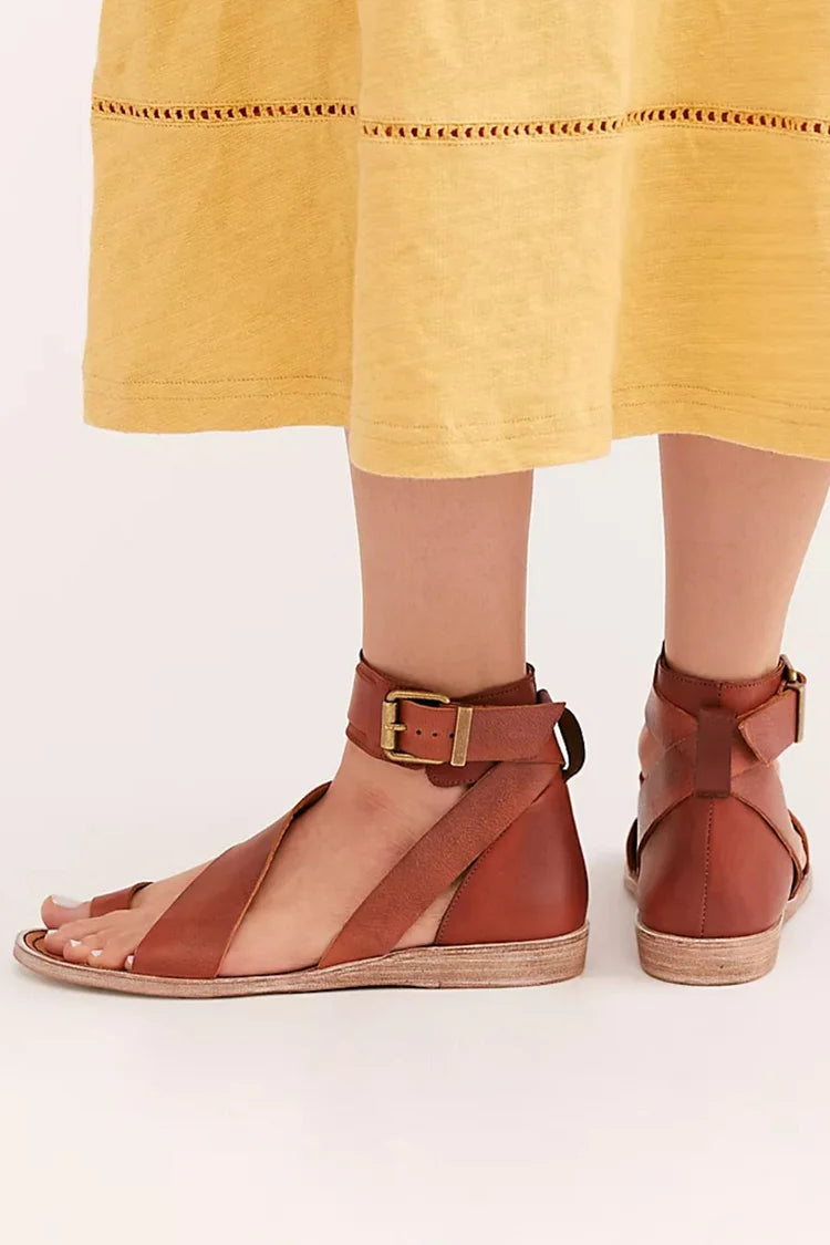 Solid Color Ankle Strap Buckle Toe Ring Brown Sandals [Pre Order]