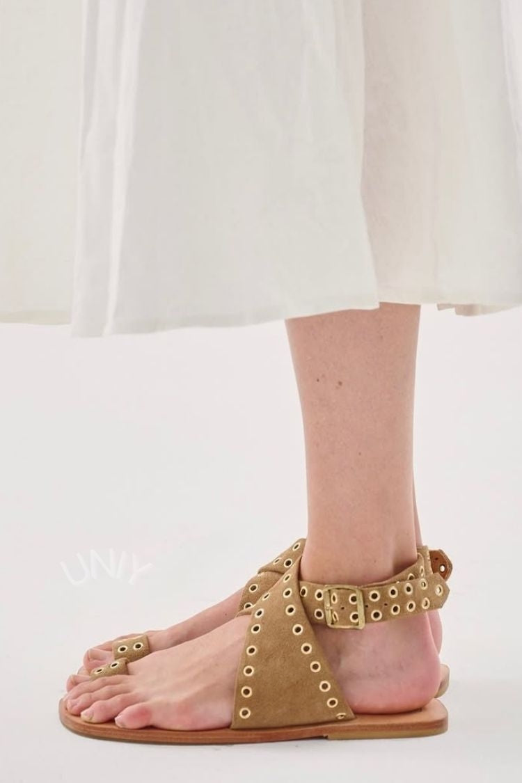 Chic Camel Faux Suede Studded Strappy Flat Sandals [Pre Order]
