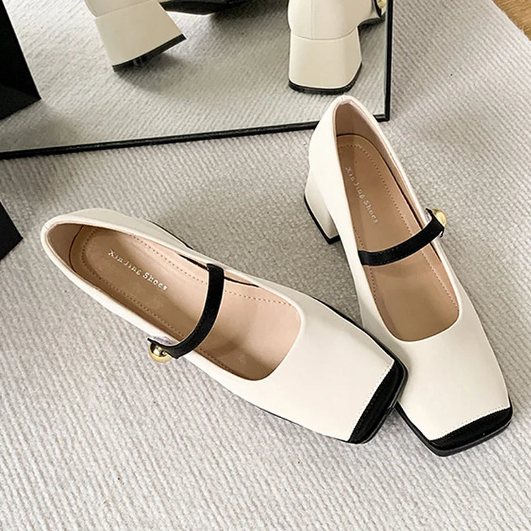 Color Matching Square Toe Instep Strap Buckle Chunky Heels