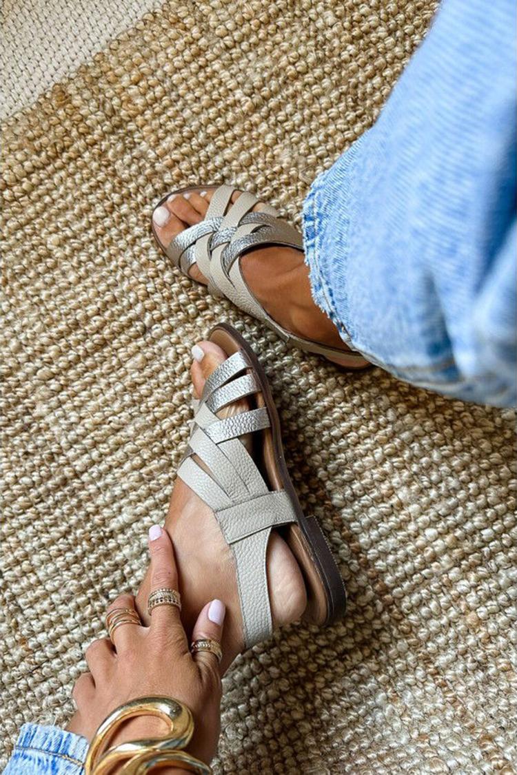 Colorblock Woven Hollow Out Round Toe Beige Sandals [Pre Order]