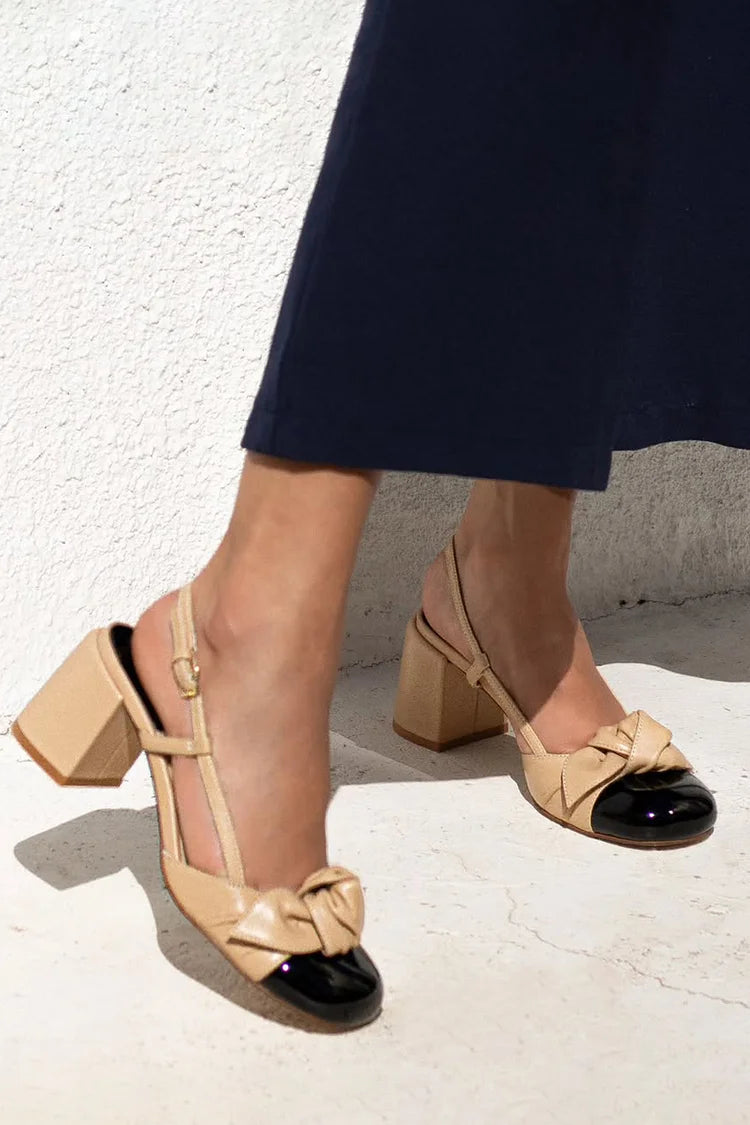 Scarpe con tacco grosso color block e punta tonda, cinturino posteriore color cachi [Pre-ordine]