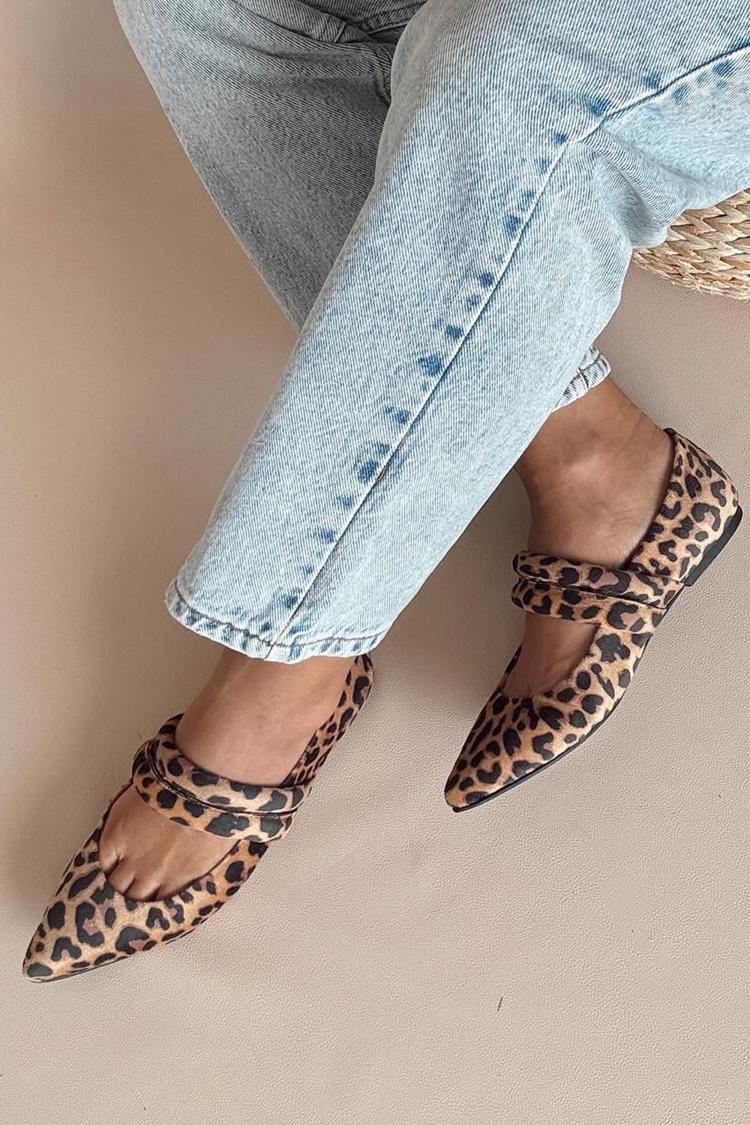 Double Instep Straps Leopard Print Pointed Toe Flats [Pre Order]