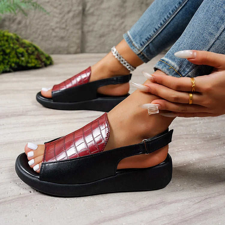 Crocodile Pattern Patchwork Round Toe Slingback Strap Buckle Sandals