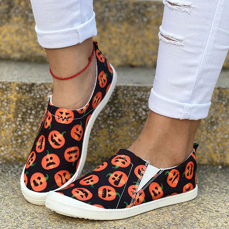 Halloween Pumpkin Skeleton Print Slip On Round Toe Loafers