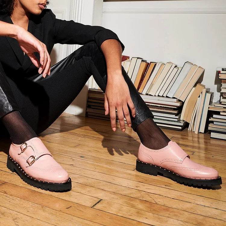 Oxford brogue rosa casual con fibbie patchwork a punta tonda [Pre Order]