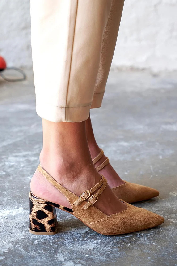 Two Chunky Buckles Pointy Toe Slingback Khaki Straps Heels [Pre Order]