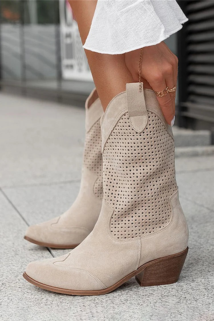 Hollow Out Patchwork Pointed Toe Chunky Heel Mid Boots