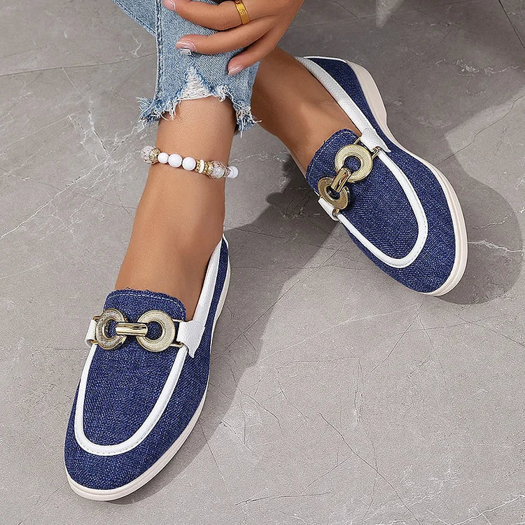 Contrast Binding Buckle Decor Round Toe Casual Loafers