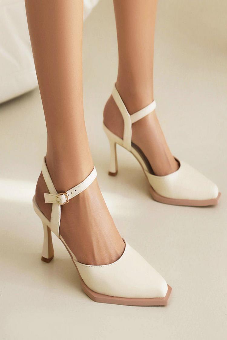 Faux Leather Ankle Strap Plain Square Toe Stilettos