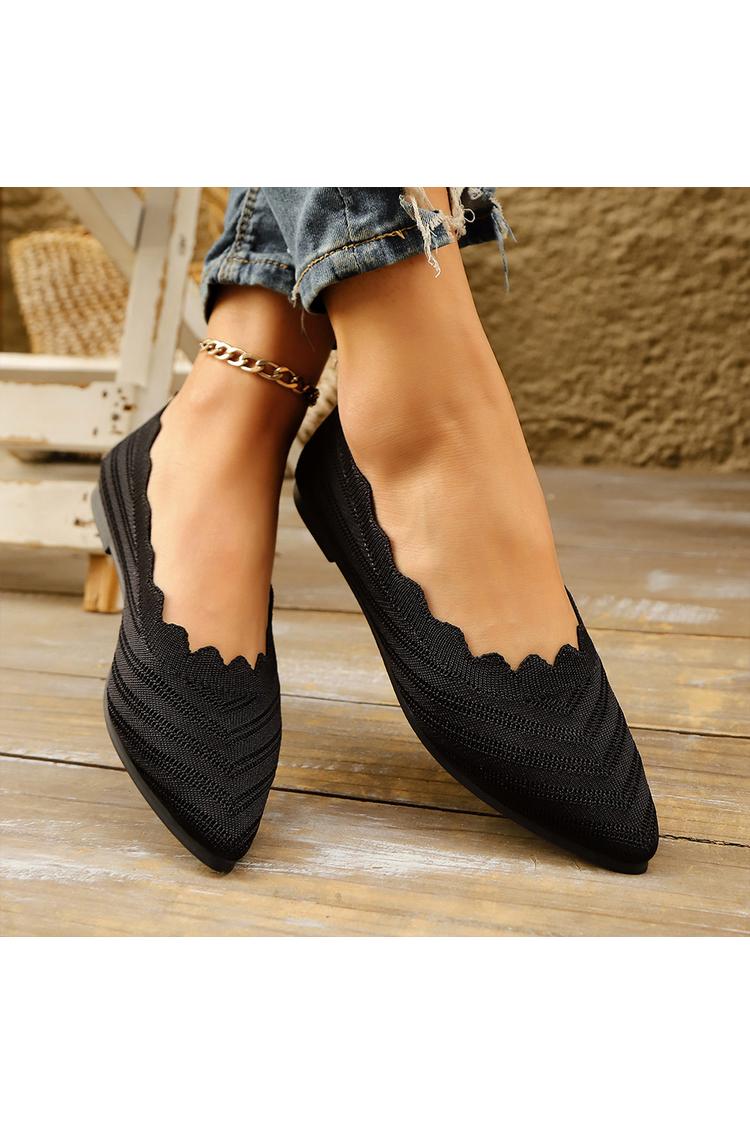 Solid Color Knitted Wavy Edge Pointed Toe Casual Flats