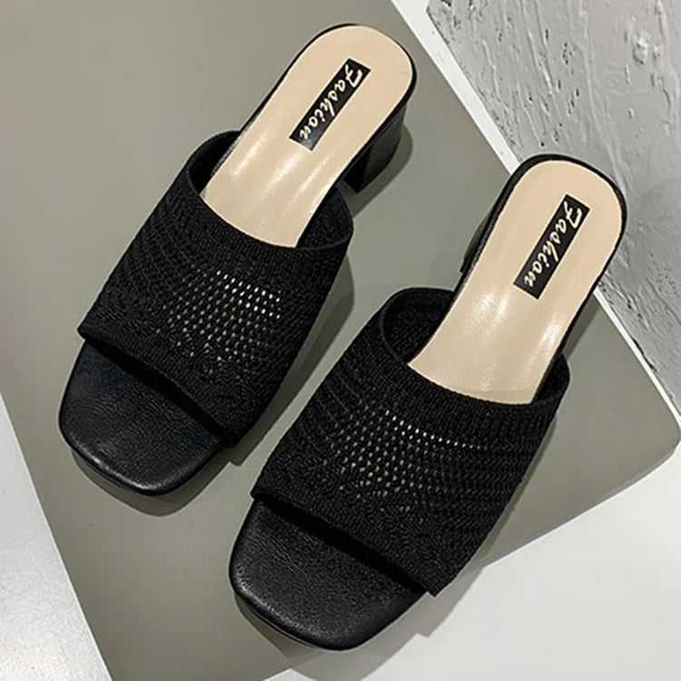 Casual Solid Color Square Toe Knit Slides Chunky Heels