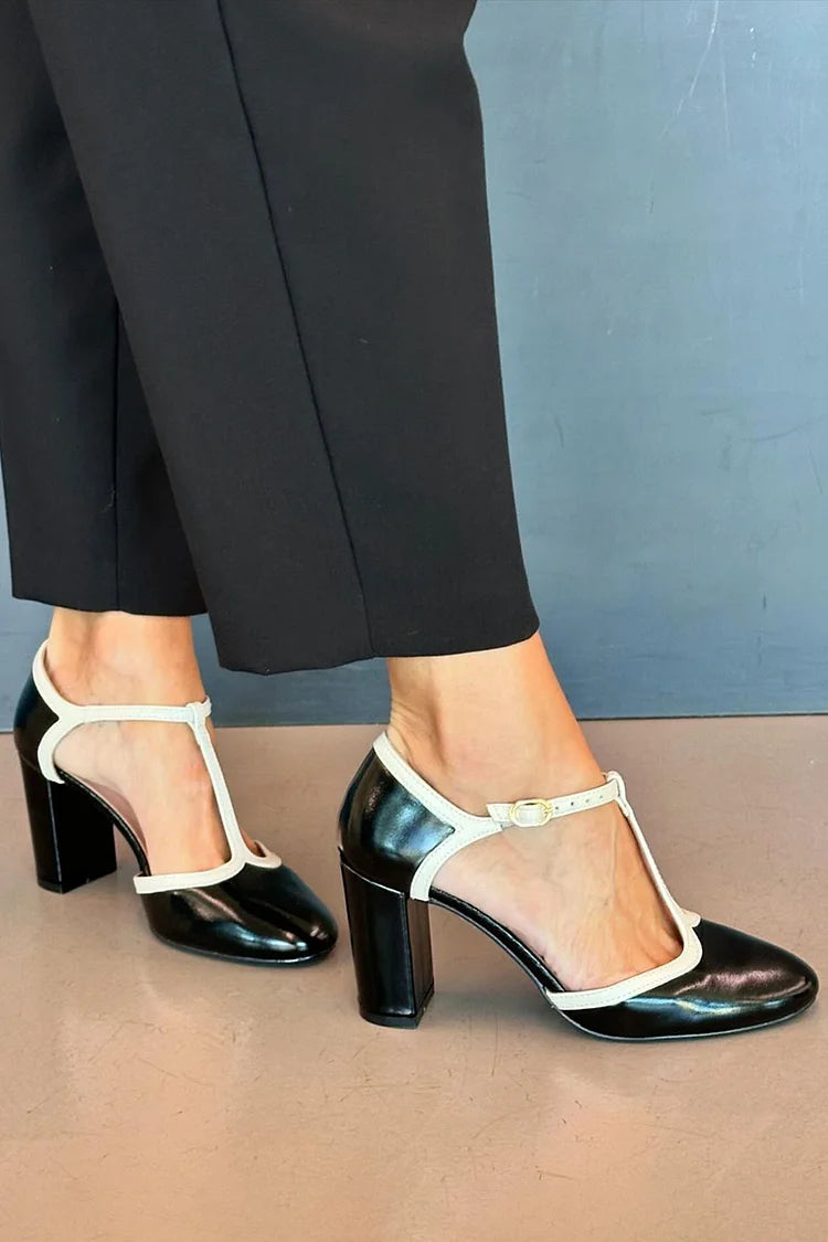 Round Toe Colorblock T-Strap Buckle Black Chunky Heels [Pre Order]