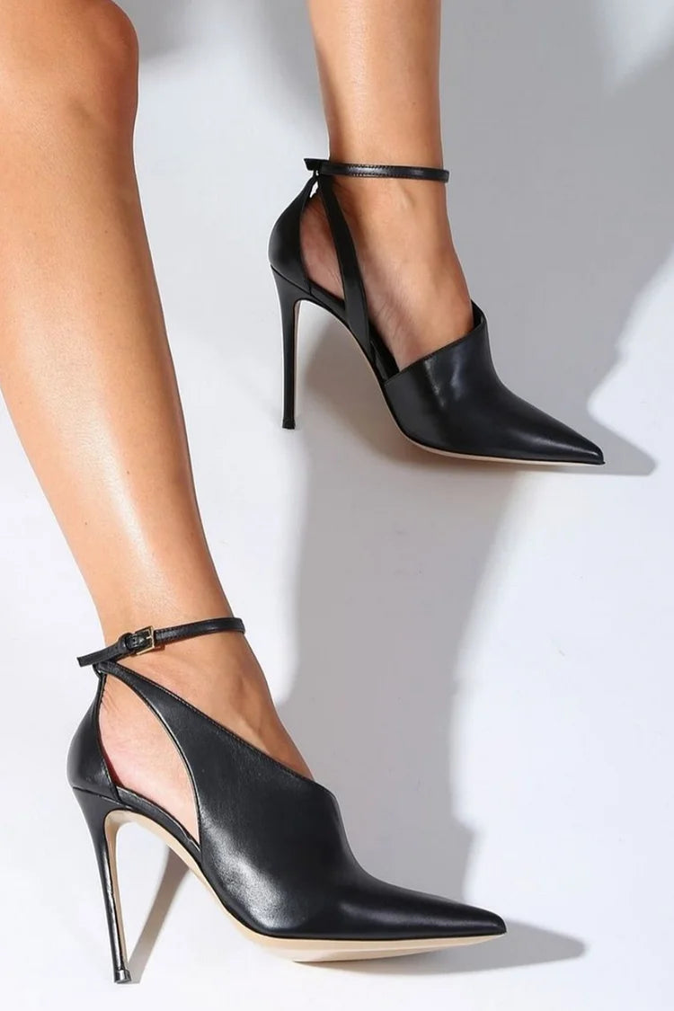 Ankle Strap Buckle Cutout Pointed Toe Black Stiletto Heels [Pre Order]