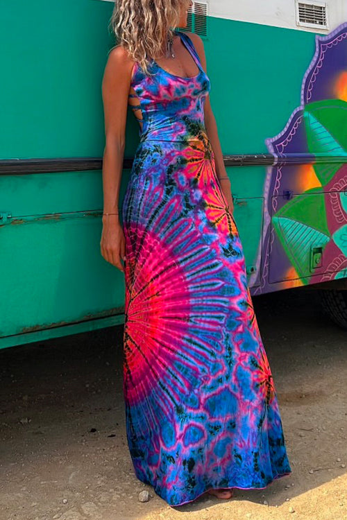 Vestido largo estilo camisola con efecto tie-dye y espalda descubierta, cruzado y cruzado 