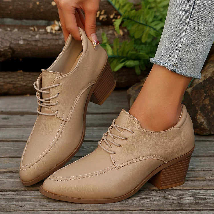 Patchwork Stitch Detail Pointed Toe Chunky Heel Lace Up Oxfords