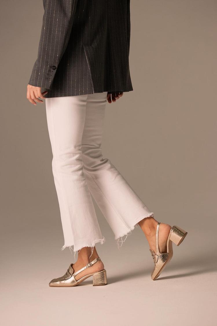 Scarpe con tacco largo dorato con punta quadrata e patchwork metallizzato lucido [Pre-ordine]