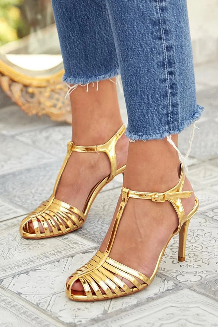 Metallic Sheen Hollow Out T-Strap Buckle Gold Stiletto Heels