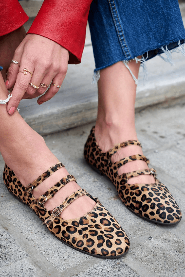 Leopard Print Triple Buckle Flats