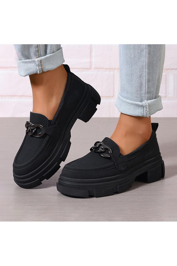 Einfarbige Metallkette Dekor Rundzehen Klobiger Absatz Loafers
